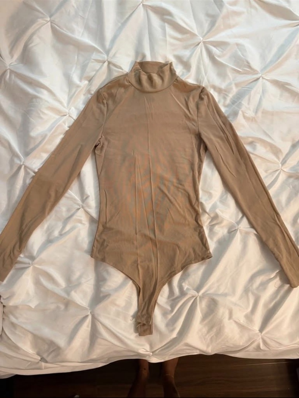 High Neck Long Sleeve Turtleneck Mesh Nude Tan One-Piece Bodysuit in Beige